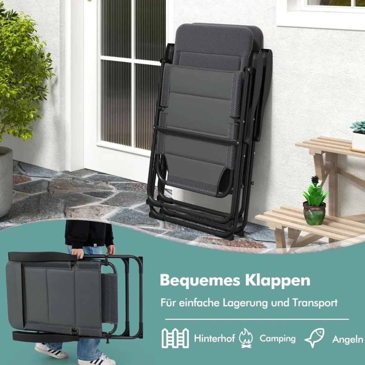 2er Set Gartenstühle mit 7-fach Verstellbarer Rückenlehne Klappstühle Balkonstühle Grau