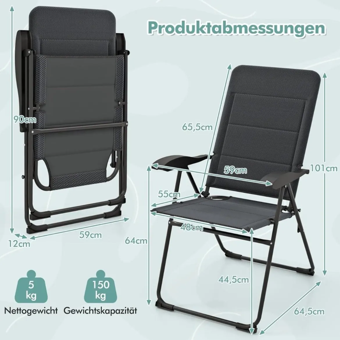 2er Set Gartenstühle mit 7-fach Verstellbarer Rückenlehne Klappstühle Balkonstühle Grau
