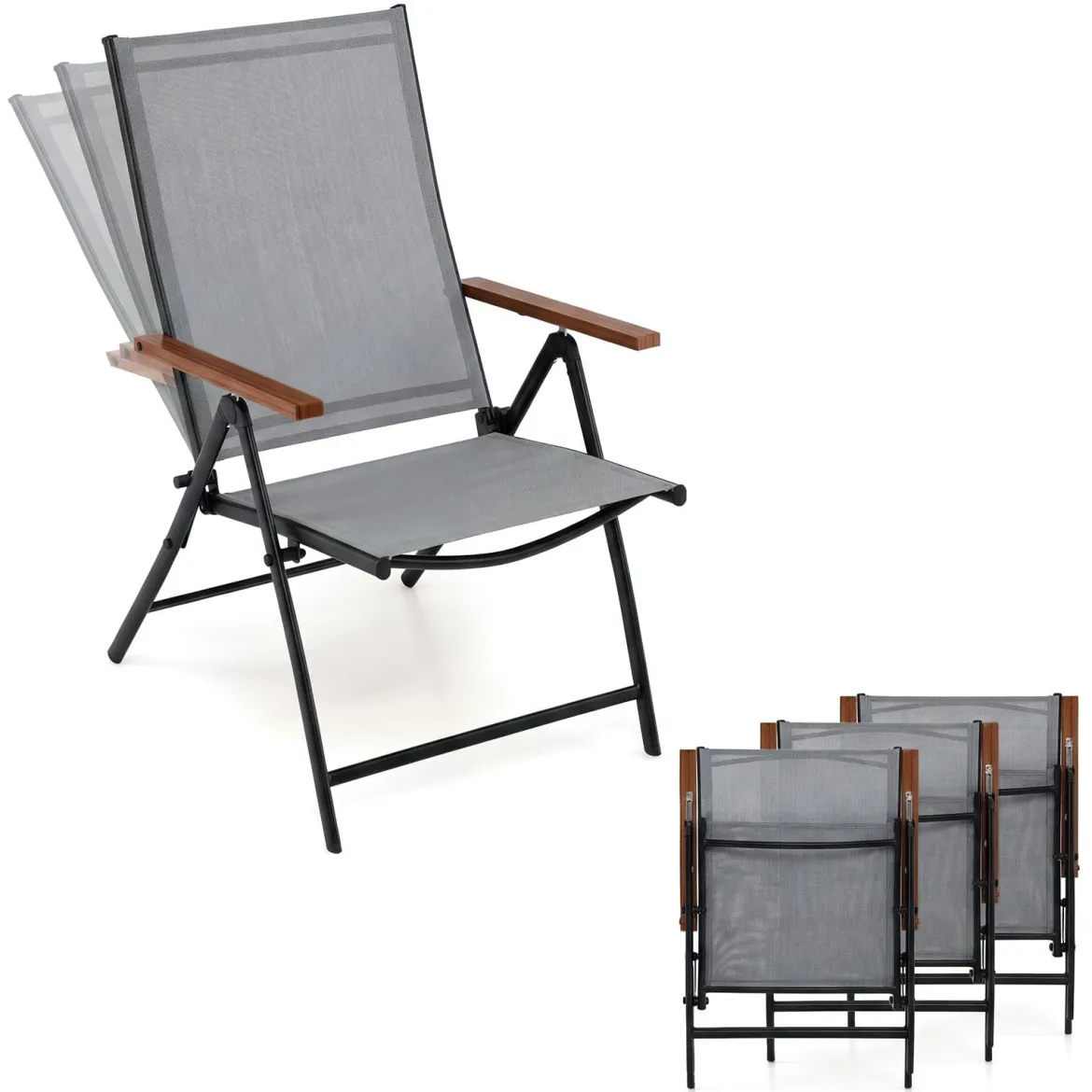 4er Set Gartenstühle mit 5-Fach Verstellbarer Rückenlehne Klappbare Balkonstühle bis 150 kg Grau