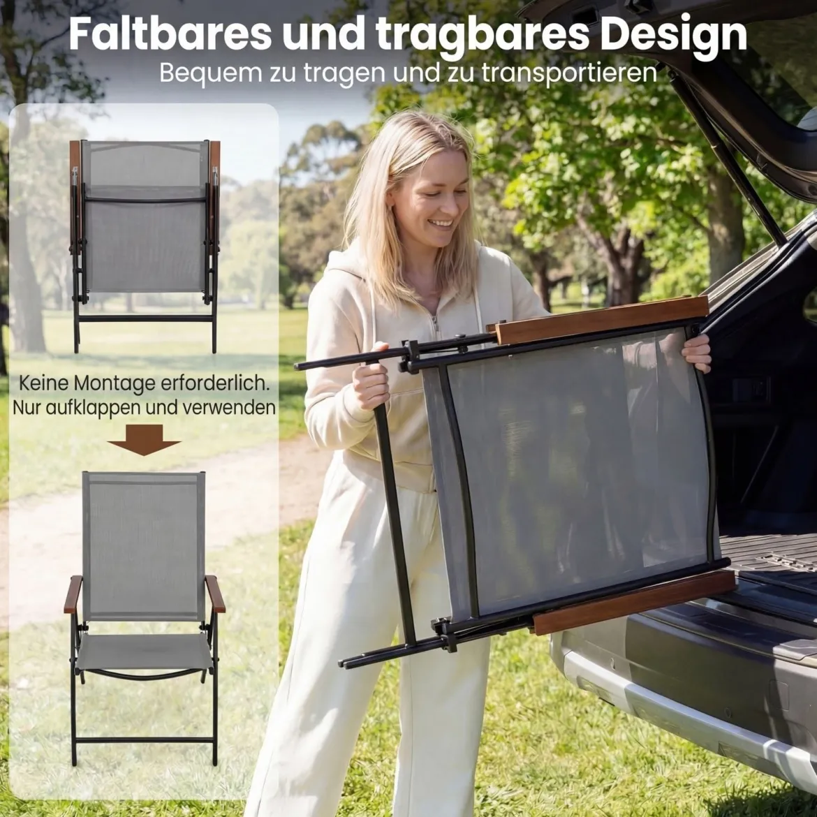 4er Set Gartenstühle mit 5-Fach Verstellbarer Rückenlehne Klappbare Balkonstühle bis 150 kg Grau