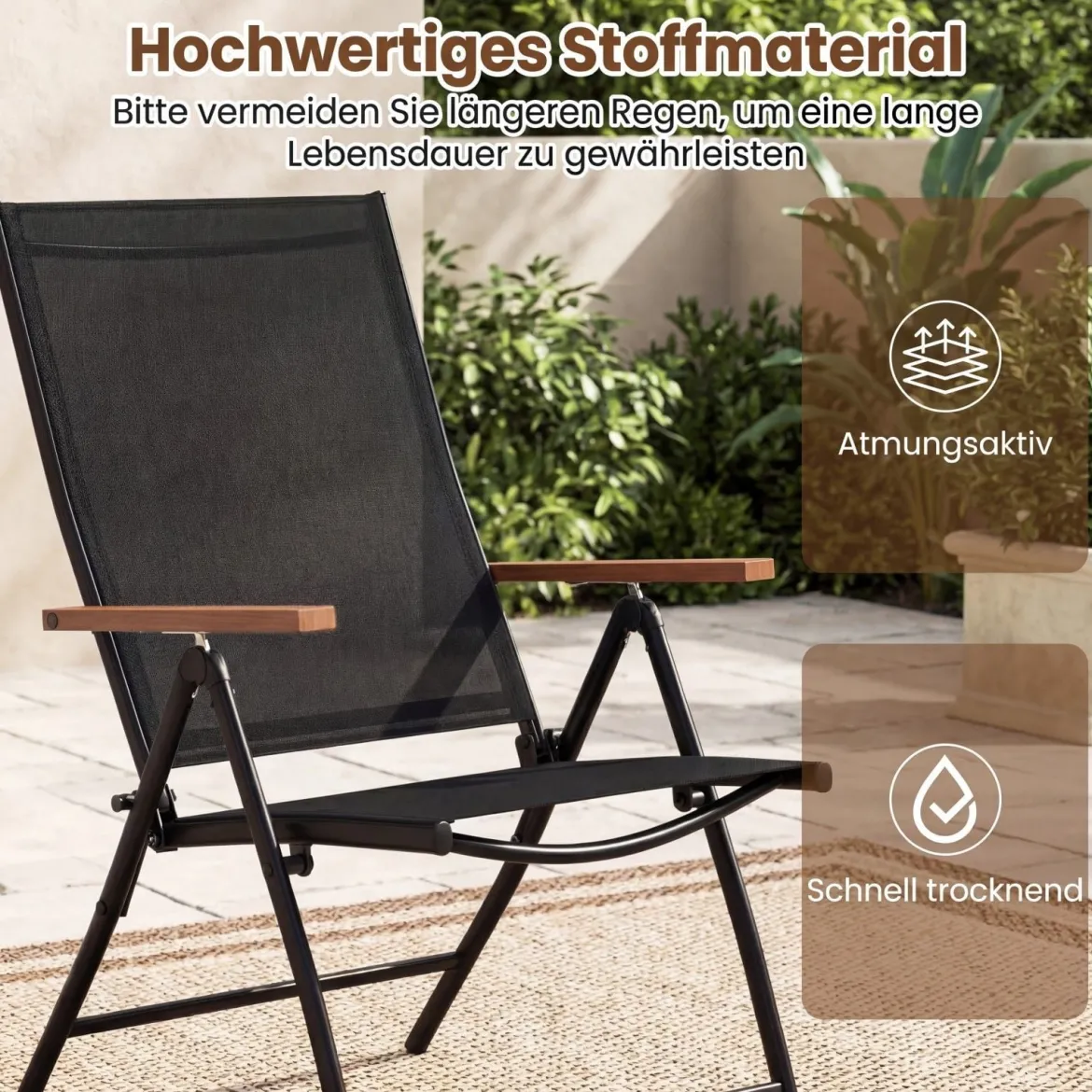 2er Set Gartenstühle mit 5-Fach Verstellbarer Rückenlehne Klappbare Balkonstühle bis 150 kg