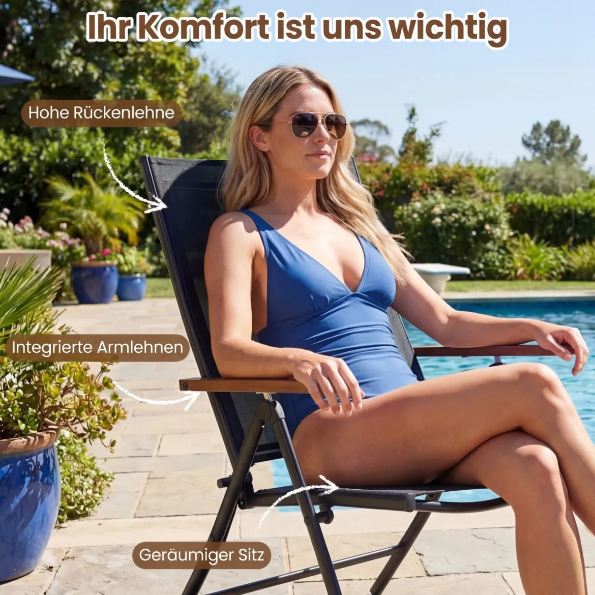 2er Set Gartenstühle mit 5-Fach Verstellbarer Rückenlehne Klappbare Balkonstühle bis 150 kg
