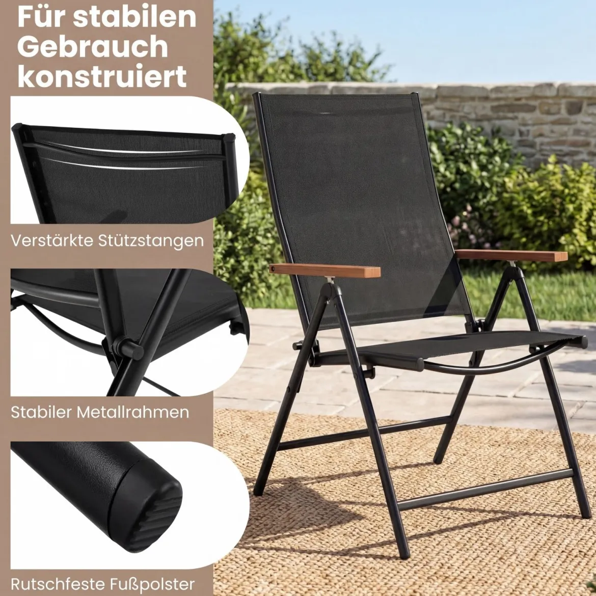 2er Set Gartenstühle mit 5-Fach Verstellbarer Rückenlehne Klappbare Balkonstühle bis 150 kg