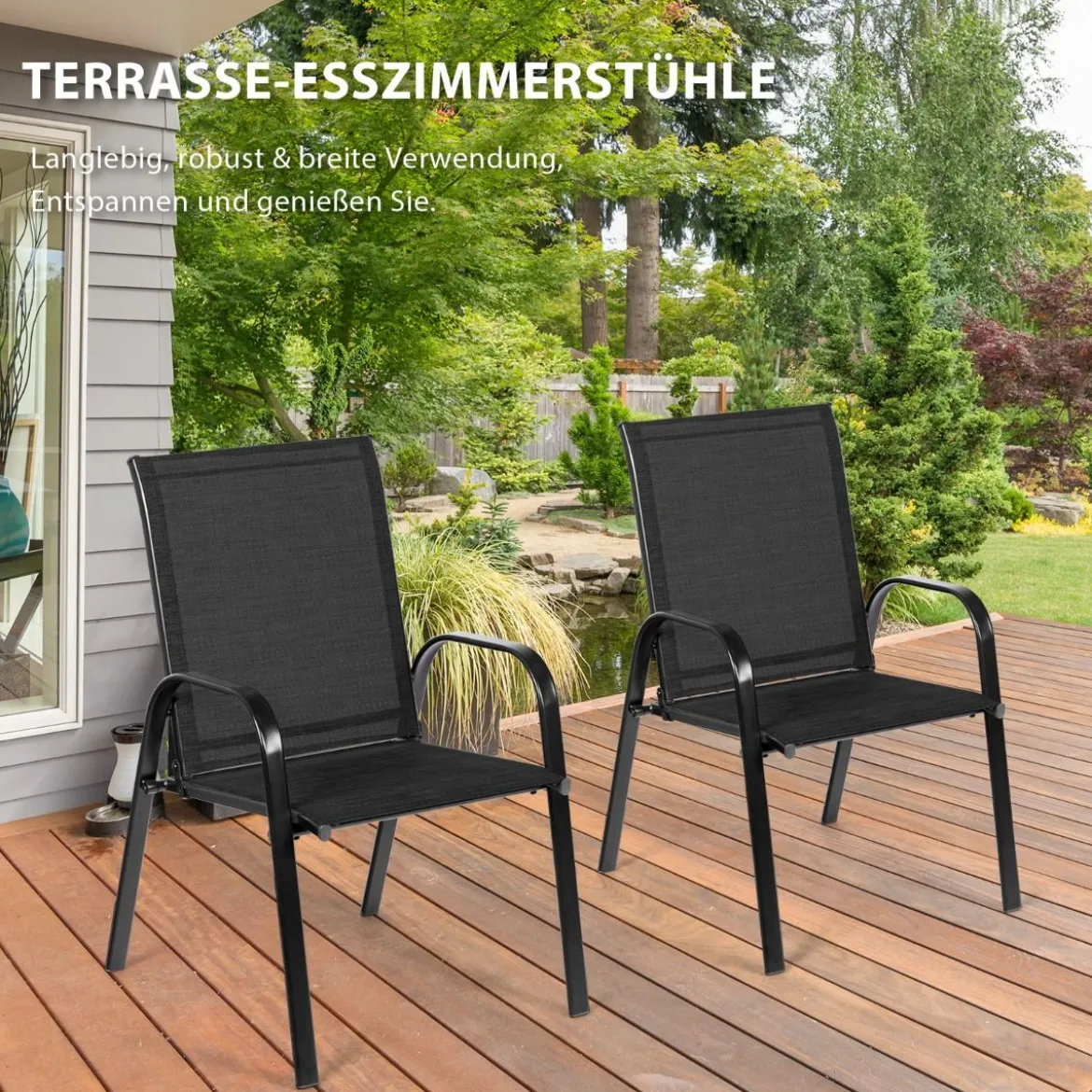 2er Set Gartenstühle mit Gebogenen Armlehnen & Verstärktem Metallrahmen Outdoor Bistrostühle