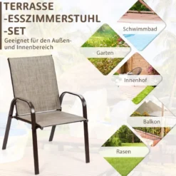 2er Set Gartenstühle mit Gebogenen Armlehnen & Verstärktem Metallrahmen Outdoor Bistrostühle