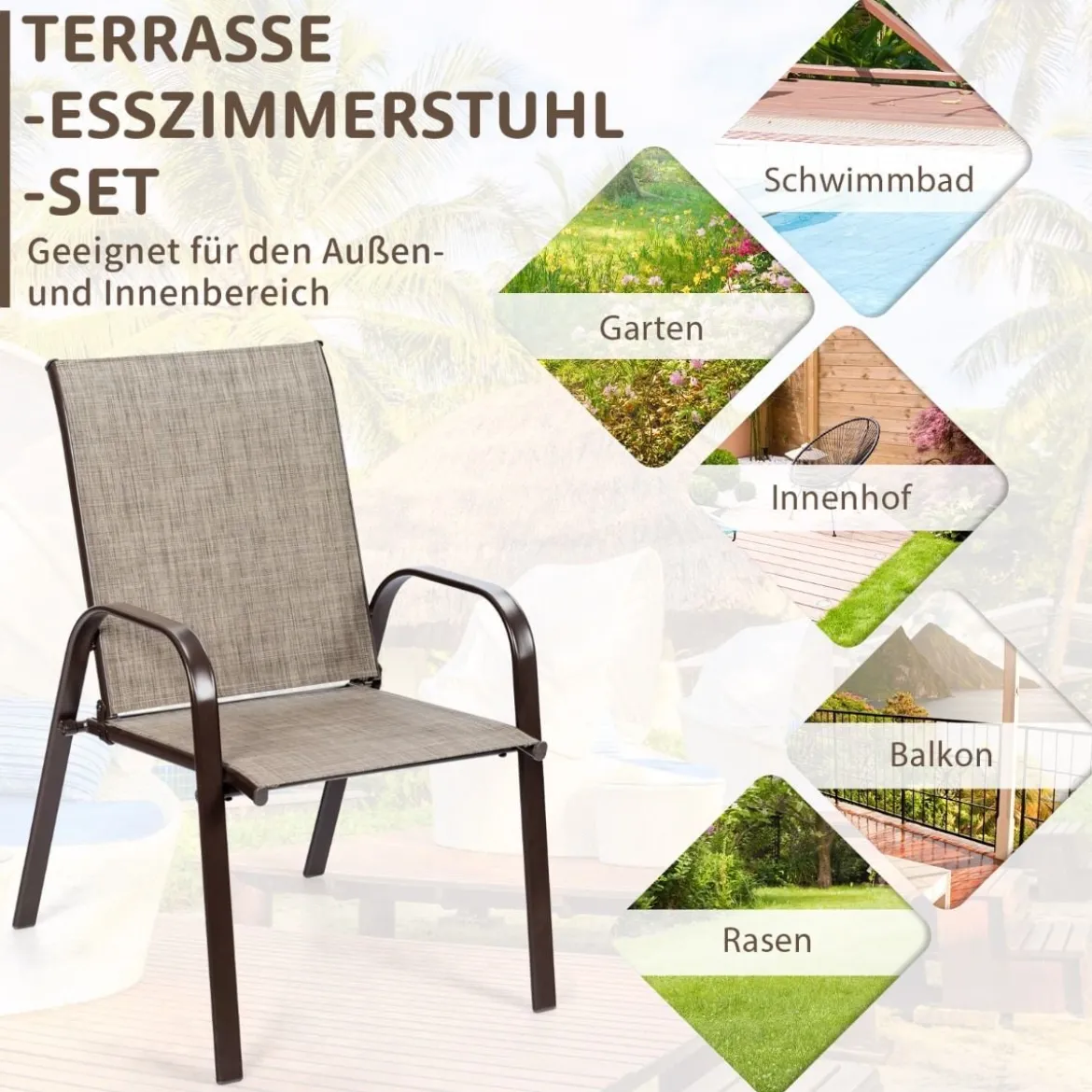 2er Set Gartenstühle mit Gebogenen Armlehnen & Verstärktem Metallrahmen Outdoor Bistrostühle