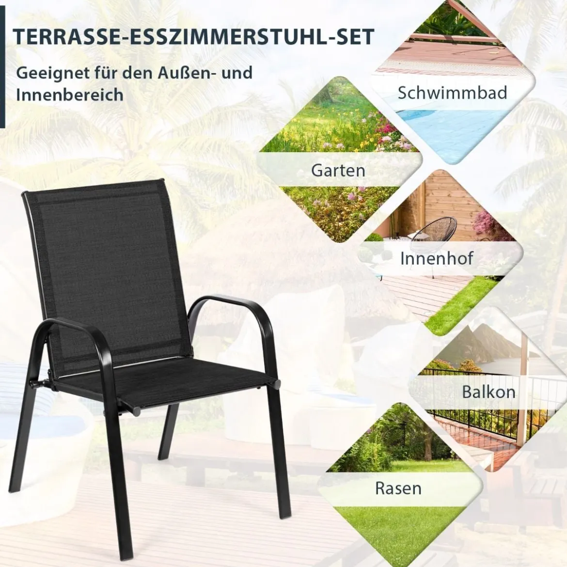 2er Set Gartenstühle mit Gebogenen Armlehnen & Verstärktem Metallrahmen Outdoor Bistrostühle