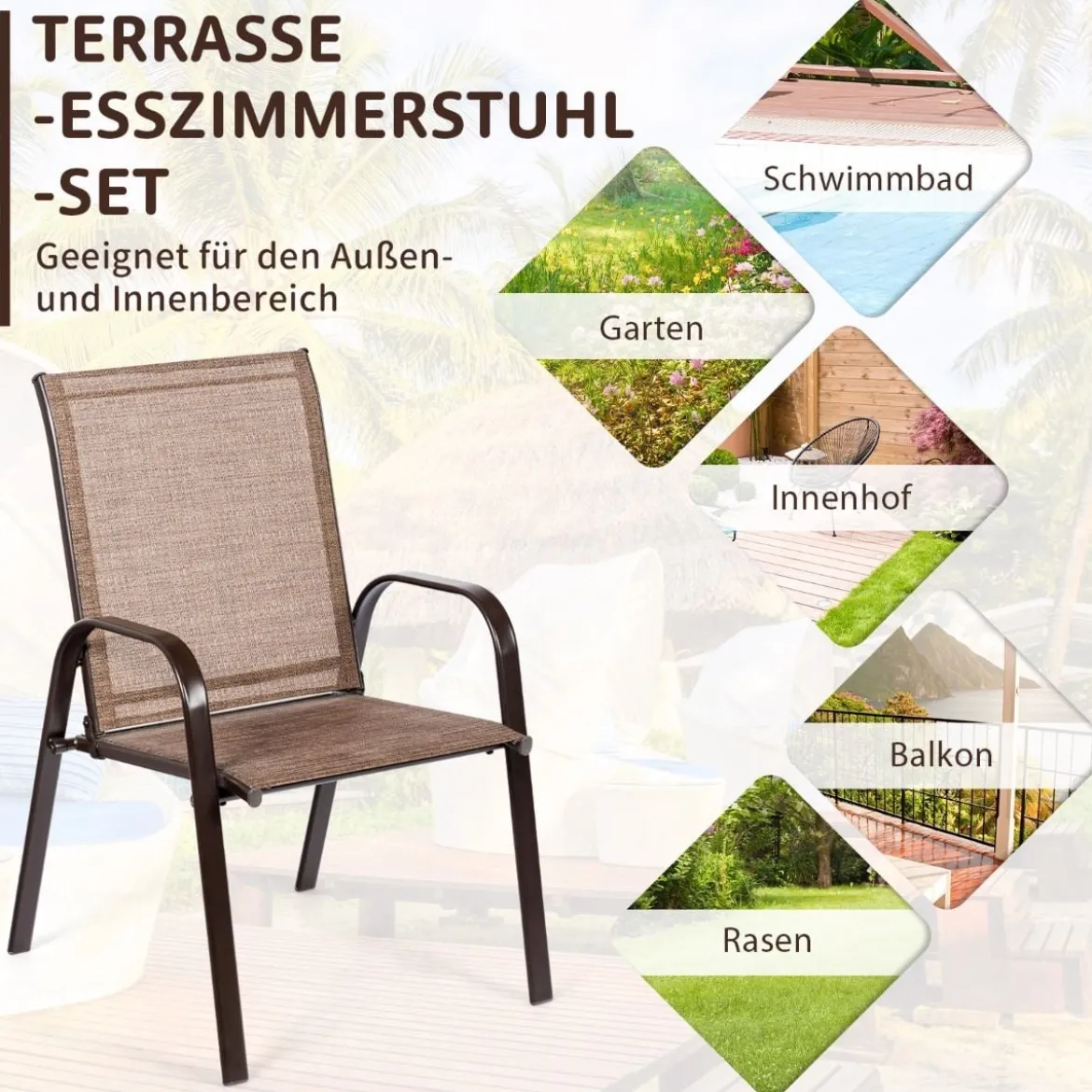 2er Set Gartenstühle mit Gebogenen Armlehnen & Verstärktem Metallrahmen Outdoor Bistrostühle