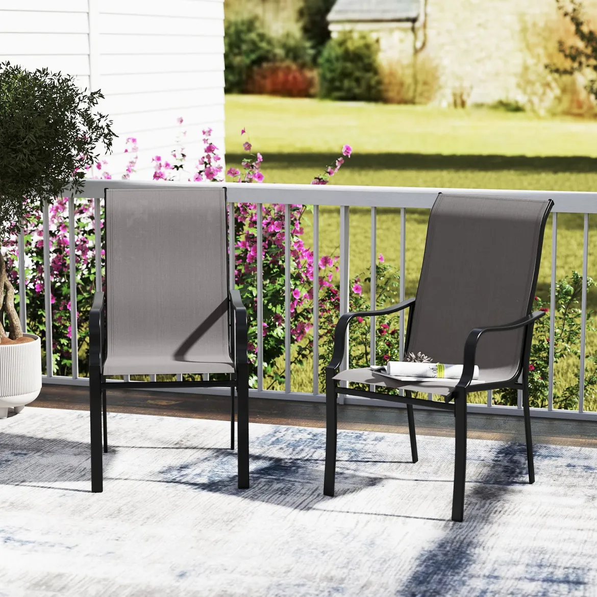 2er Set Gartenstühle mit Hoher Rückenlehne bis 150 kg Belastbar Terrassenstühle Grau