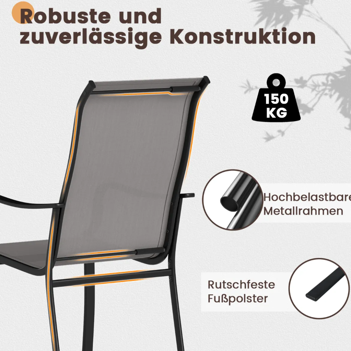 2er Set Gartenstühle mit Hoher Rückenlehne bis 150 kg Belastbar Terrassenstühle Grau
