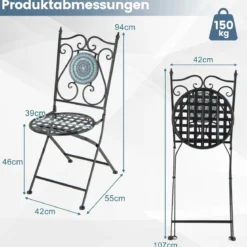 2er Set Gartenstühle mit Metallgestell Mosaik Klappstühle Terrassenstühle 55 x 42 x 94 cm