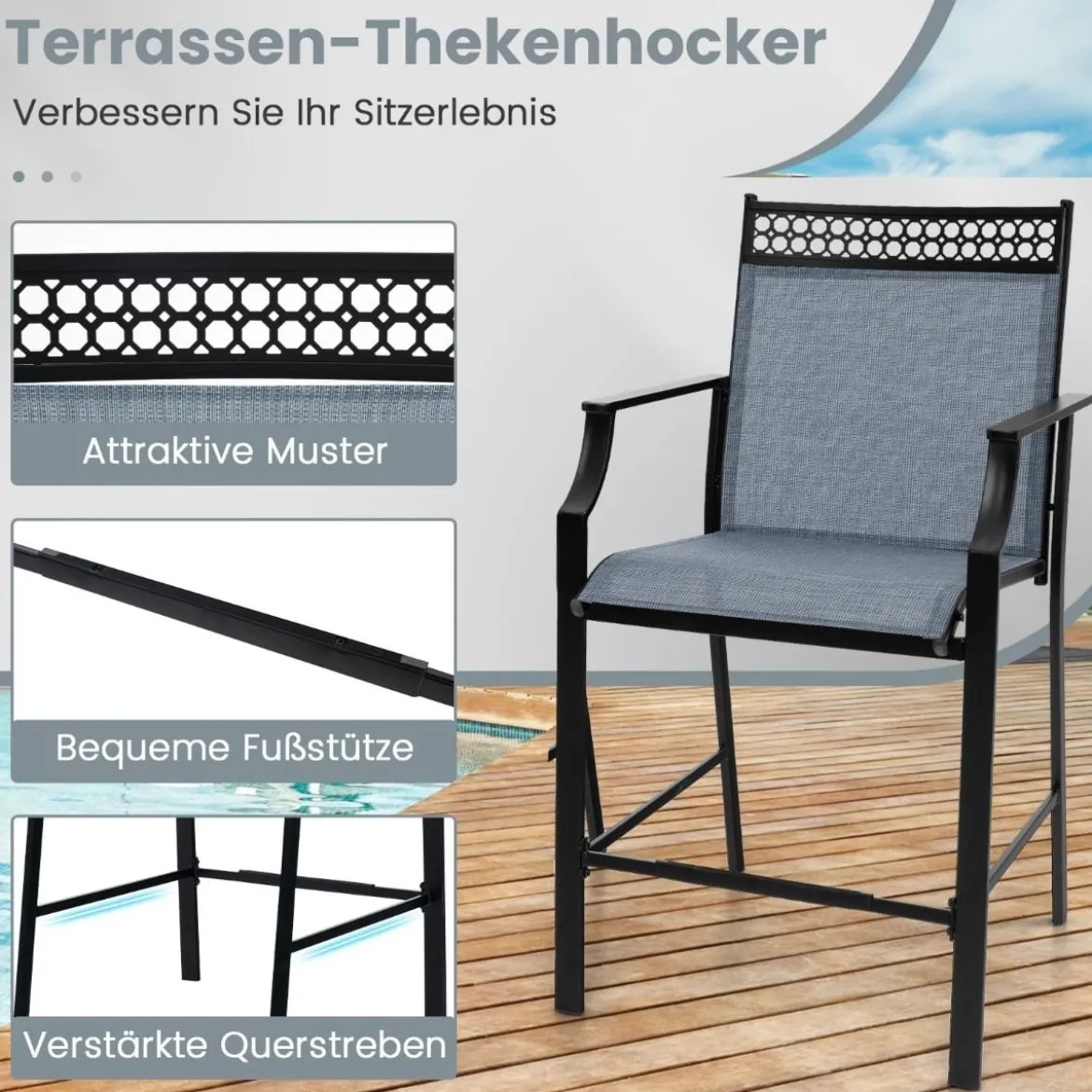2er Set Gartenstühle mit Schnell Trocknendem Stoff Hohe Terrassenstühle Balkonstühle