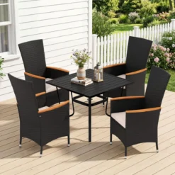 4er Set Gartenstühle mit Sitzkissen & Hochlehner Rattan Gartensessel bis 180 kg Belastbar Beige