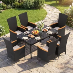 4er Set Gartenstühle mit Sitzkissen & Hochlehner Rattan Gartensessel bis 180 kg Belastbar Beige