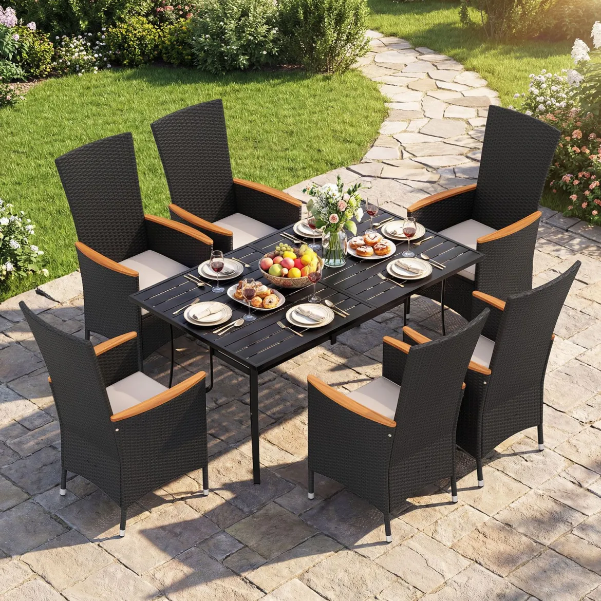 2er Set Gartenstühle mit Sitzkissen & Hochlehner Rattan Gartensessel bis 180 kg Belastbar Beige