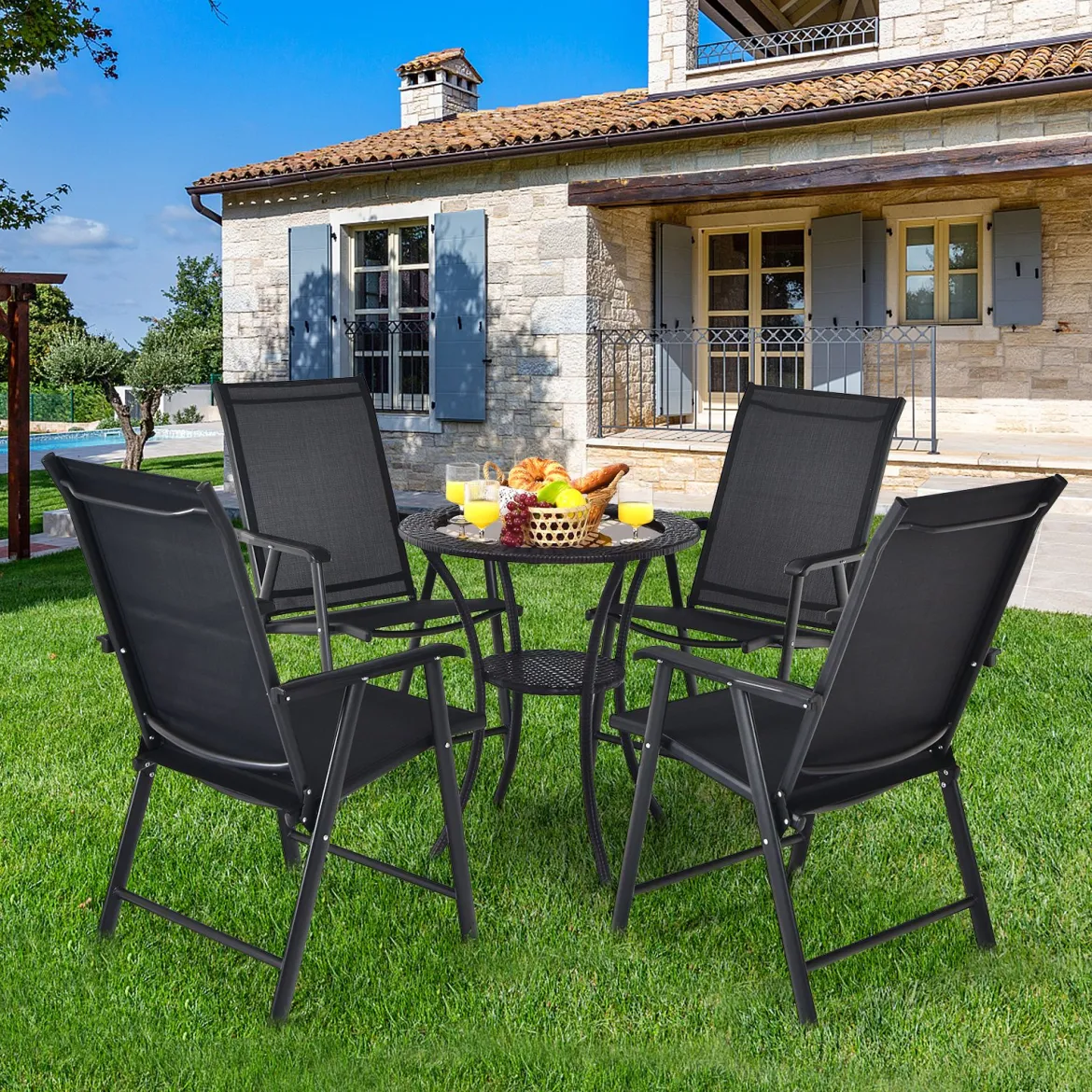 2er Set Gartenstühle mit Wetterfestem Stoff Hochlehner Klappstühle Balkonstühle Schwarz