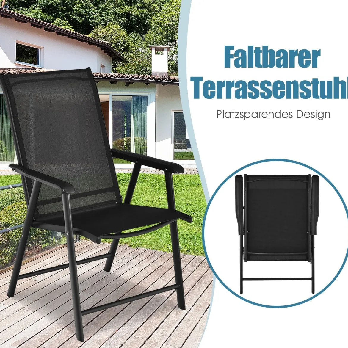 2er Set Gartenstühle mit Wetterfestem Stoff Hochlehner Klappstühle Balkonstühle Schwarz