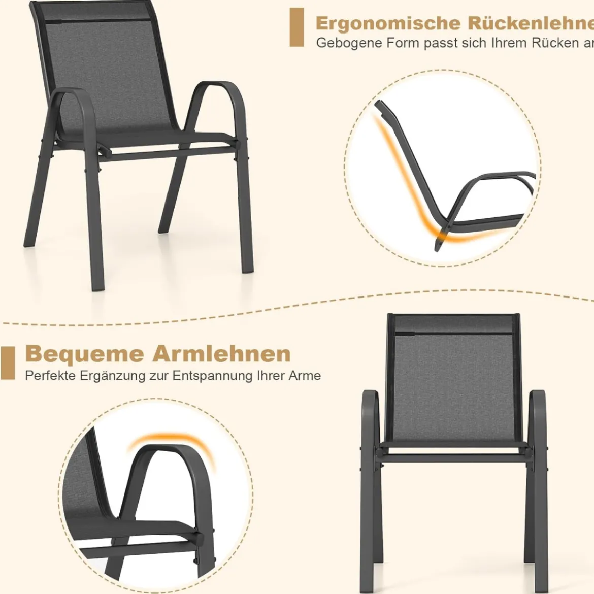 4er Set Gartenstühle stapelbar Stapelstühle aus Textilene und Metallgestell 56 x 70 x 84 cm Braun/Blau/Grau/Schwarz