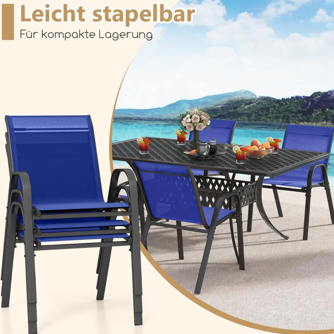 4er Set Gartenstühle stapelbar Stapelstühle aus Textilene und Metallgestell 56 x 70 x 84 cm Braun/Blau/Grau/Schwarz