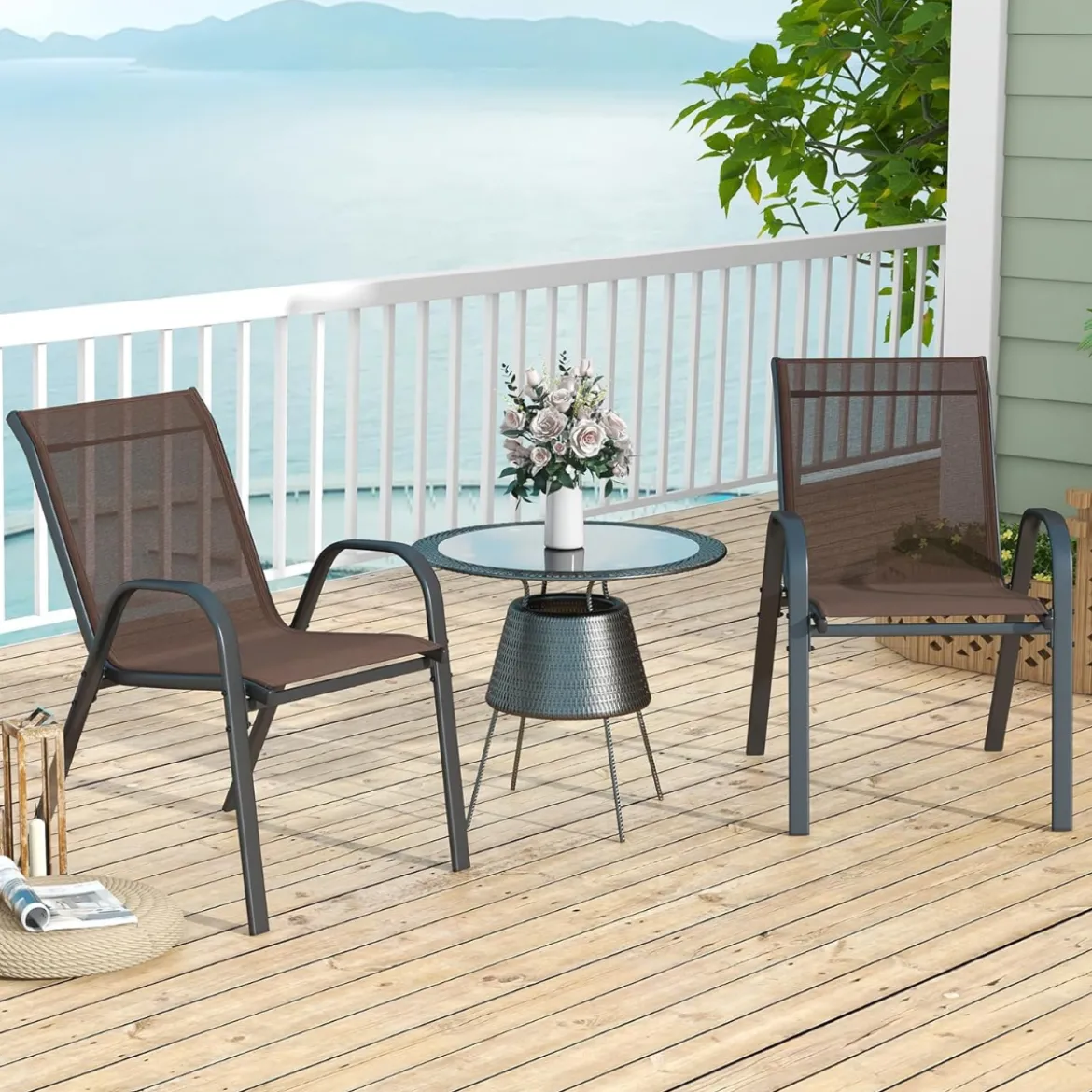 4er Set Gartenstühle stapelbar Stapelstühle aus Textilene und Metallgestell 56 x 70 x 84 cm Braun/Blau/Grau/Schwarz