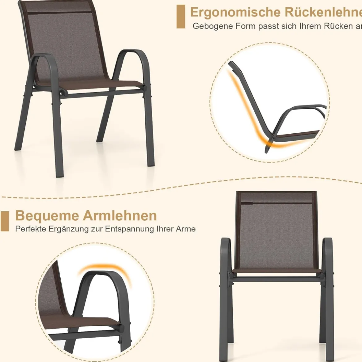 4er Set Gartenstühle stapelbar Stapelstühle aus Textilene und Metallgestell 56 x 70 x 84 cm Braun/Blau/Grau/Schwarz