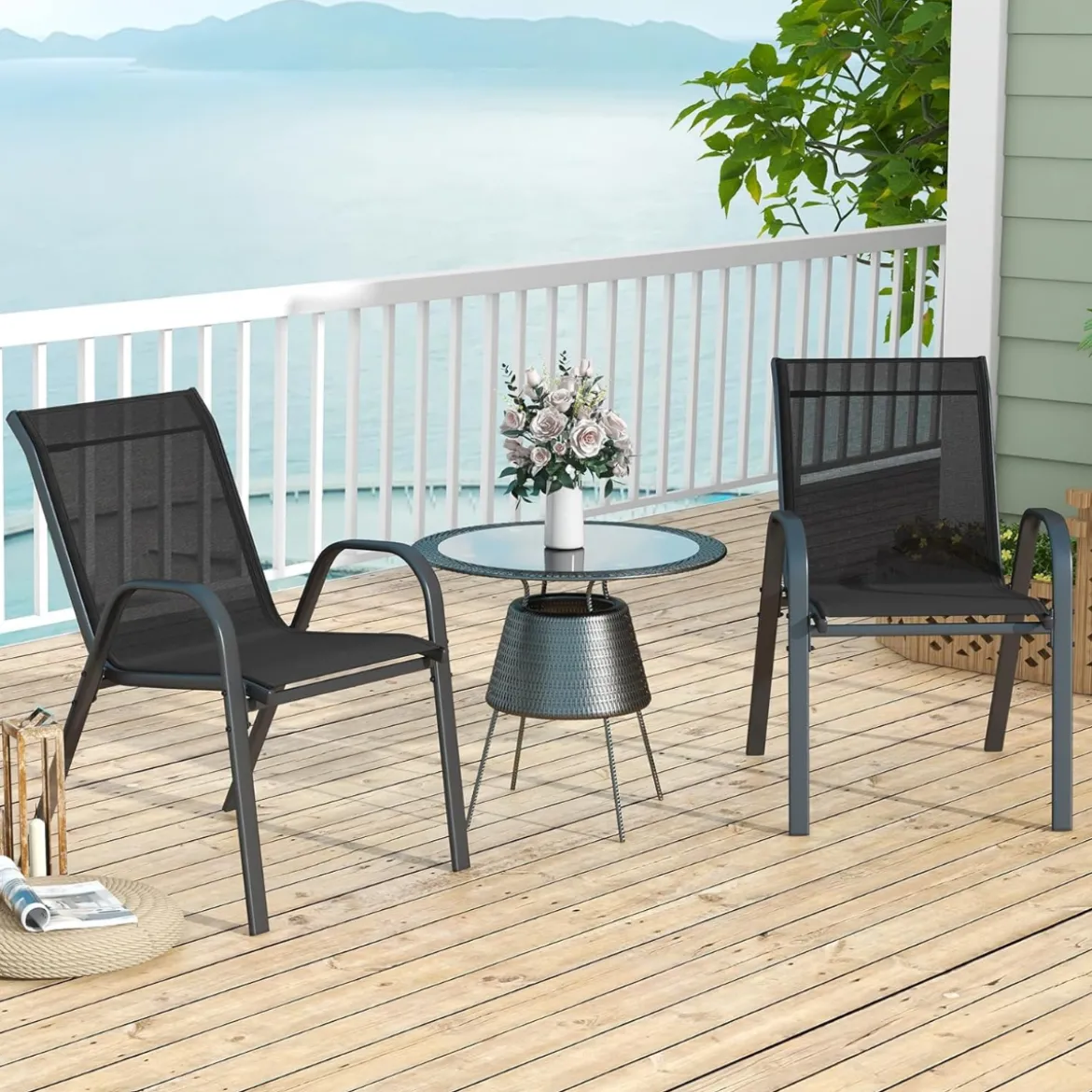 4er Set Gartenstühle stapelbar Stapelstühle aus Textilene und Metallgestell 56 x 70 x 84 cm Braun/Blau/Grau/Schwarz