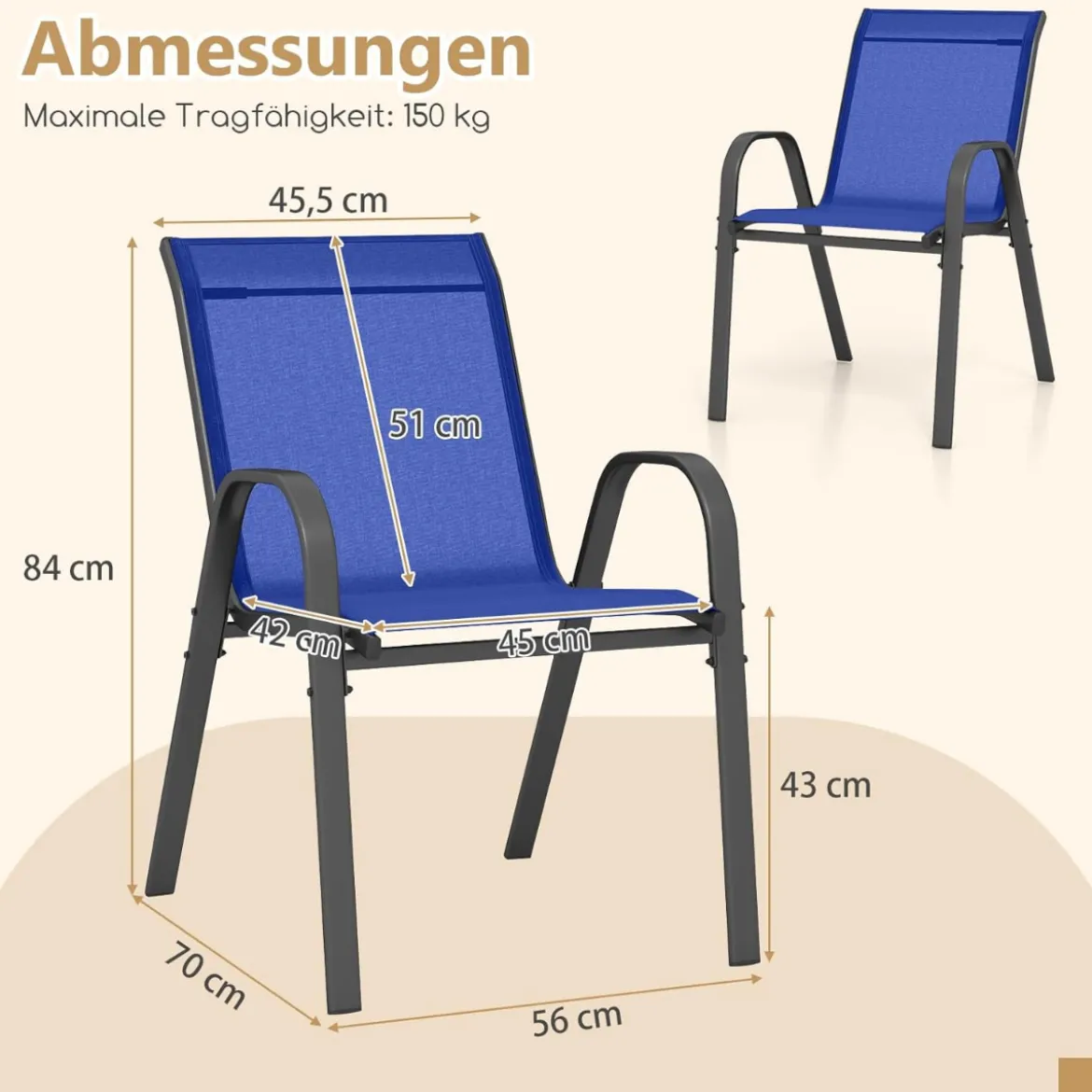 4er Set Gartenstühle stapelbar Stapelstühle aus Textilene und Metallgestell 56 x 70 x 84 cm Braun/Blau/Grau/Schwarz