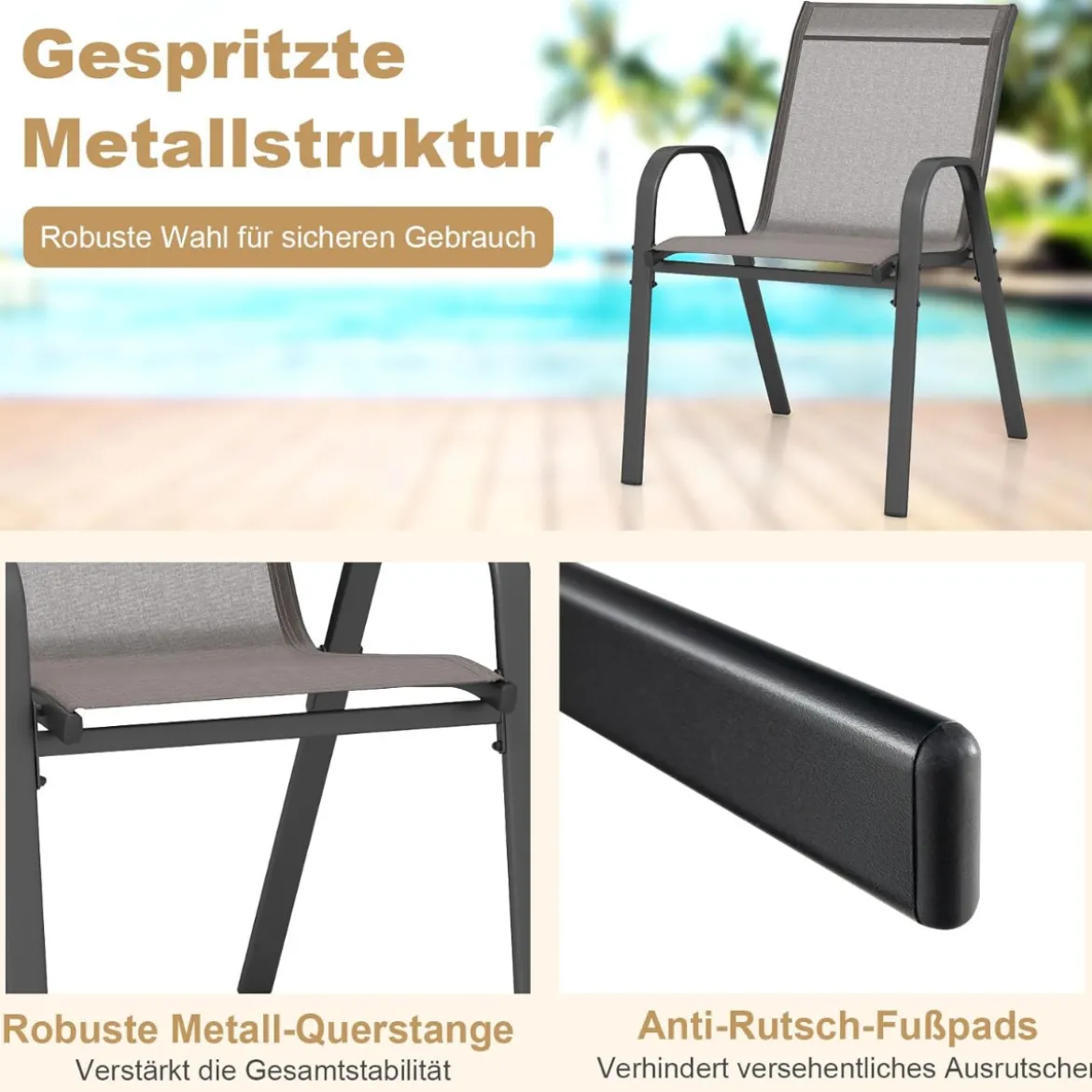 4er Set Gartenstühle stapelbar Stapelstühle aus Textilene und Metallgestell 56 x 70 x 84 cm Braun/Blau/Grau/Schwarz
