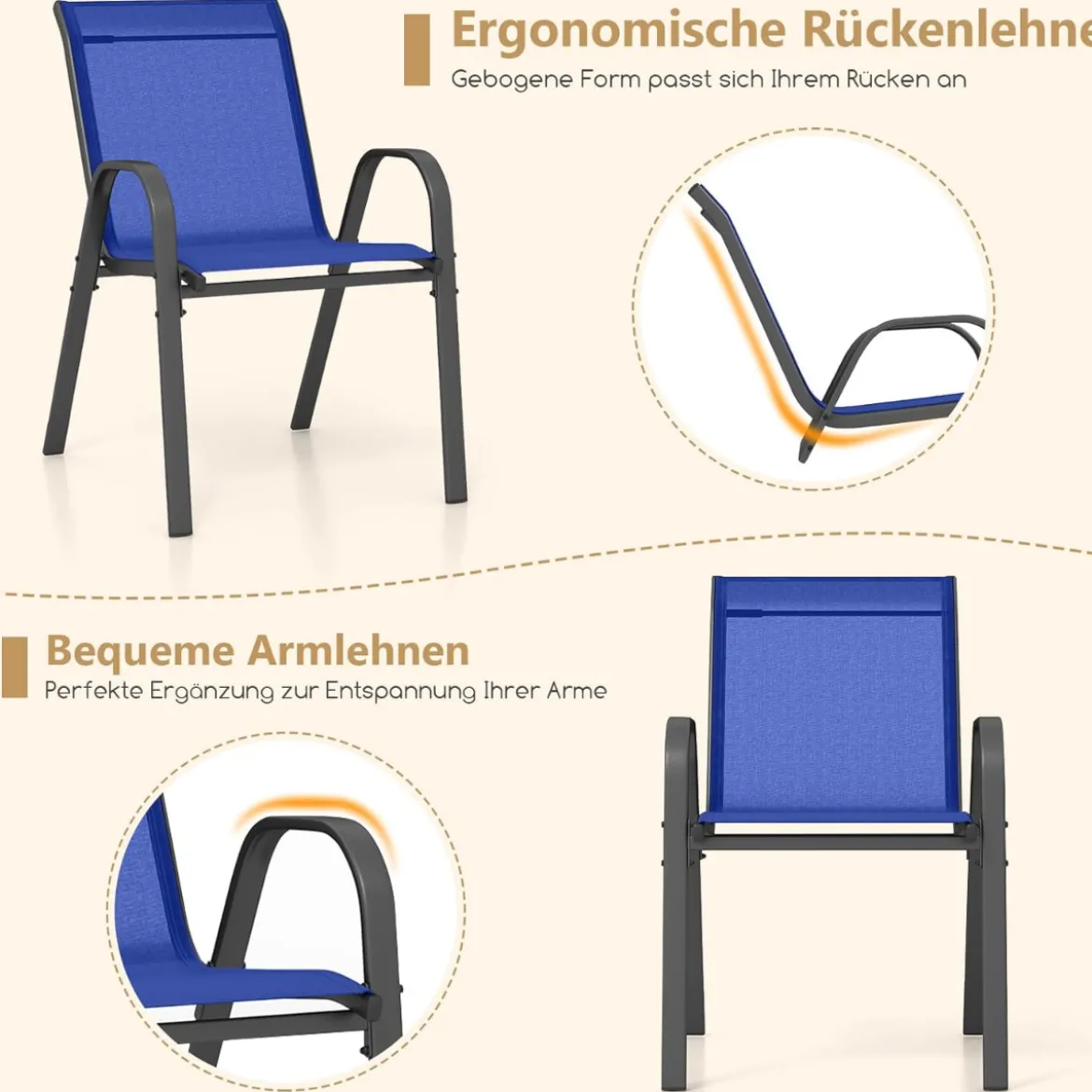 4er Set Gartenstühle stapelbar Stapelstühle aus Textilene und Metallgestell 56 x 70 x 84 cm Braun/Blau/Grau/Schwarz