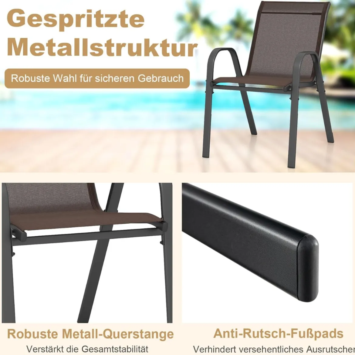 4er Set Gartenstühle stapelbar Stapelstühle aus Textilene und Metallgestell 56 x 70 x 84 cm Braun/Blau/Grau/Schwarz