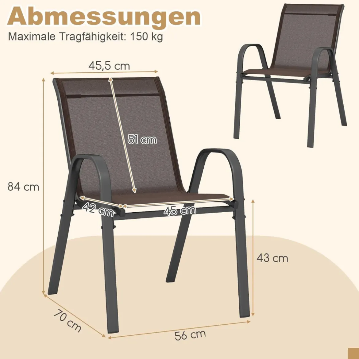 4er Set Gartenstühle stapelbar Stapelstühle aus Textilene und Metallgestell 56 x 70 x 84 cm Braun/Blau/Grau/Schwarz