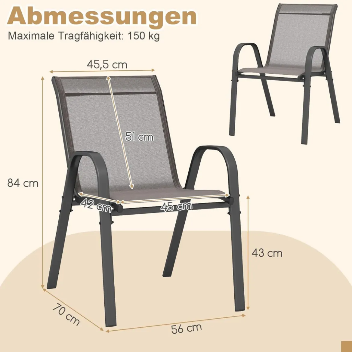 4er Set Gartenstühle stapelbar Stapelstühle aus Textilene und Metallgestell 56 x 70 x 84 cm Braun/Blau/Grau/Schwarz