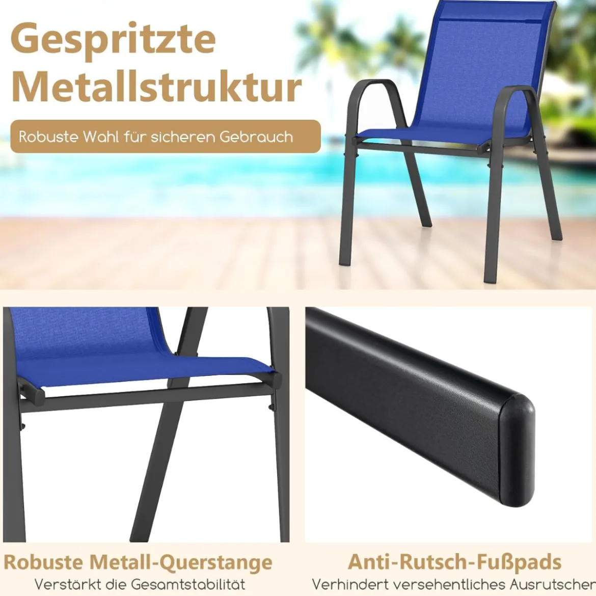 4er Set Gartenstühle stapelbar Stapelstühle aus Textilene und Metallgestell 56 x 70 x 84 cm Braun/Blau/Grau/Schwarz