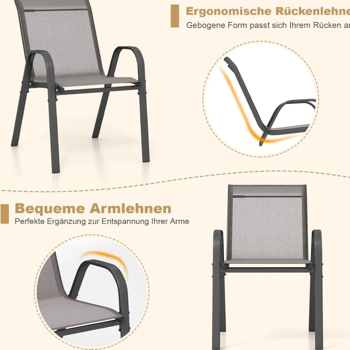 4er Set Gartenstühle stapelbar Stapelstühle aus Textilene und Metallgestell 56 x 70 x 84 cm Braun/Blau/Grau/Schwarz