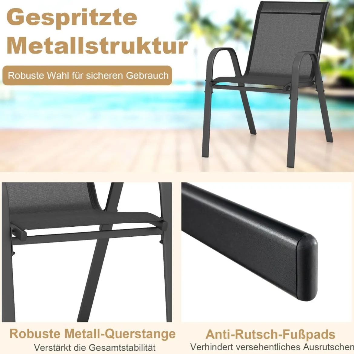 4er Set Gartenstühle stapelbar Stapelstühle aus Textilene und Metallgestell 56 x 70 x 84 cm Braun/Blau/Grau/Schwarz