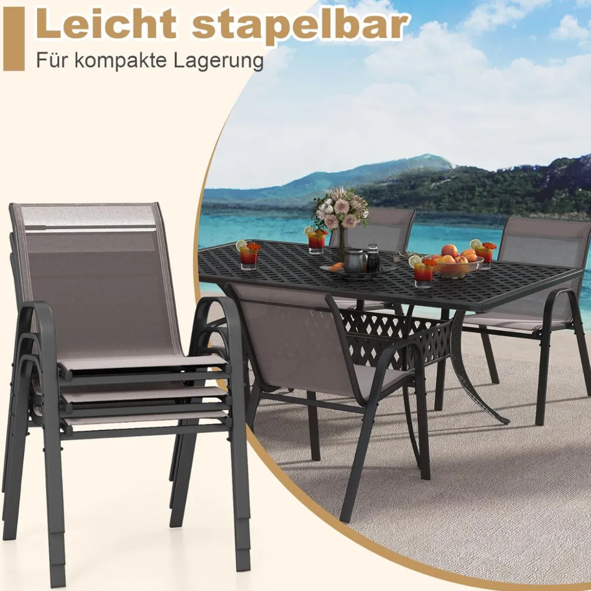 4er Set Gartenstühle stapelbar Stapelstühle aus Textilene und Metallgestell 56 x 70 x 84 cm Braun/Blau/Grau/Schwarz