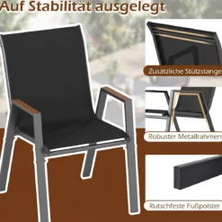 6er Set Gartenstühle Stapelstuhl Hochlehner aus Atmungsaktivem Teslin-Gewebe mit Holz Schwarz