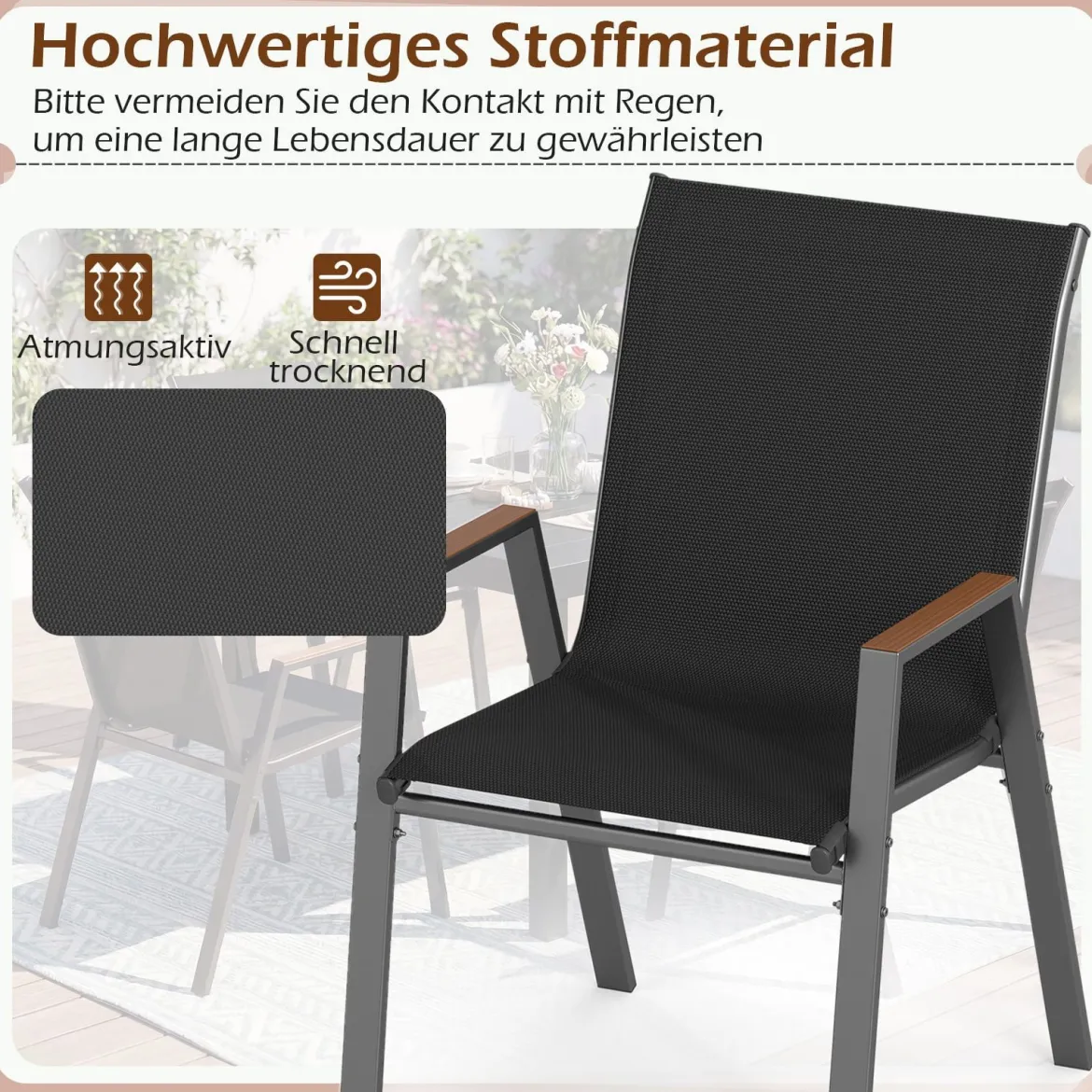 6er Set Gartenstühle Stapelstuhl Hochlehner aus Atmungsaktivem Teslin-Gewebe mit Holz Schwarz