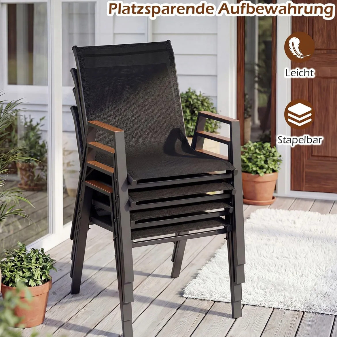6er Set Gartenstühle Stapelstuhl Hochlehner aus Atmungsaktivem Teslin-Gewebe mit Holz Schwarz