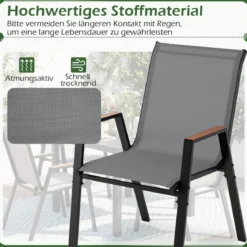 8er Set Gartenstühle Stapelstuhl Hochlehner aus Atmungsaktivem Teslin-Gewebe mit Holz Grau