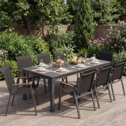 4er Set Gartenstühle Stapelstuhl Hochlehner aus Atmungsaktivem Teslin-Gewebe mit Holz Schwarz