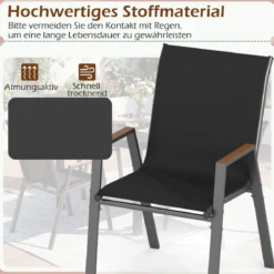 4er Set Gartenstühle Stapelstuhl Hochlehner aus Atmungsaktivem Teslin-Gewebe mit Holz Schwarz