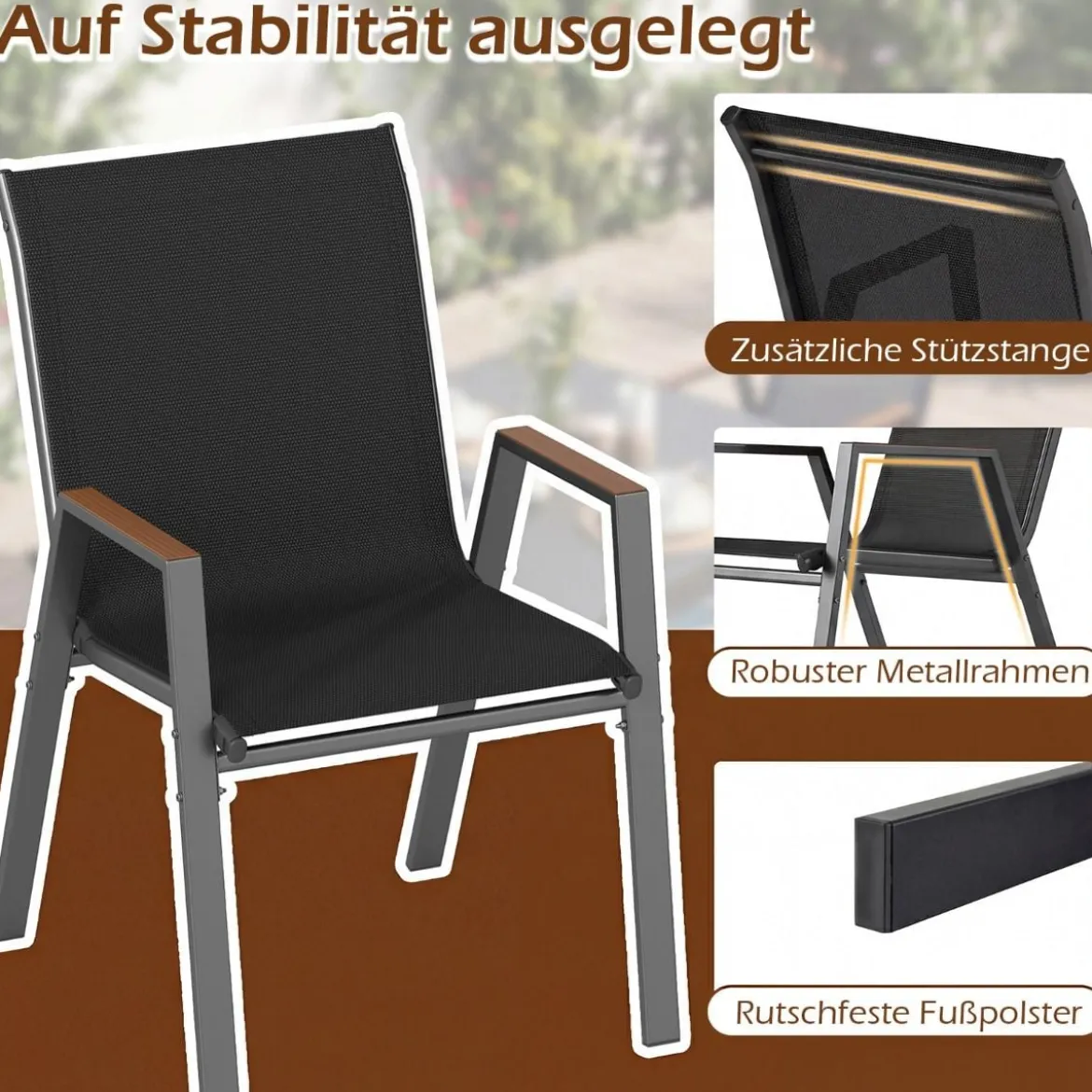 4er Set Gartenstühle Stapelstuhl Hochlehner aus Atmungsaktivem Teslin-Gewebe mit Holz Schwarz