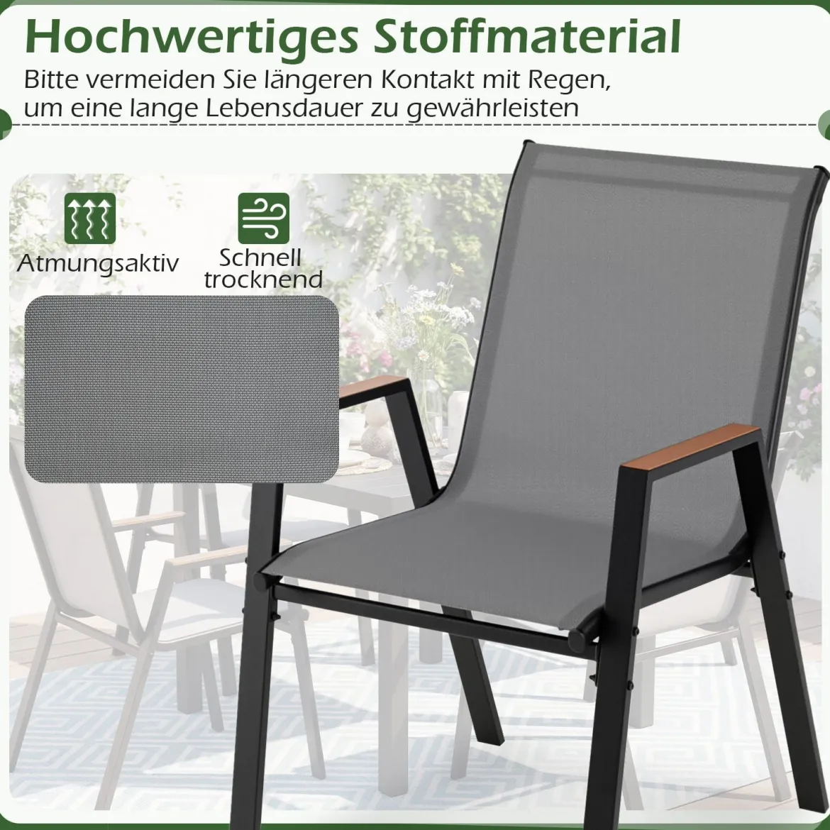 6er Set Gartenstühle Stapelstuhl Hochlehner aus Atmungsaktivem Teslin-Gewebe mit Holz Grau