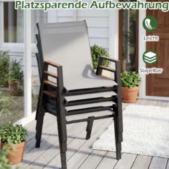 2er Set Gartenstühle Stapelstuhl Hochlehner aus Atmungsaktivem Teslin-Gewebe mit Holz Grau