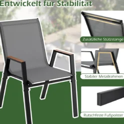 2er Set Gartenstühle Stapelstuhl Hochlehner aus Atmungsaktivem Teslin-Gewebe mit Holz Grau