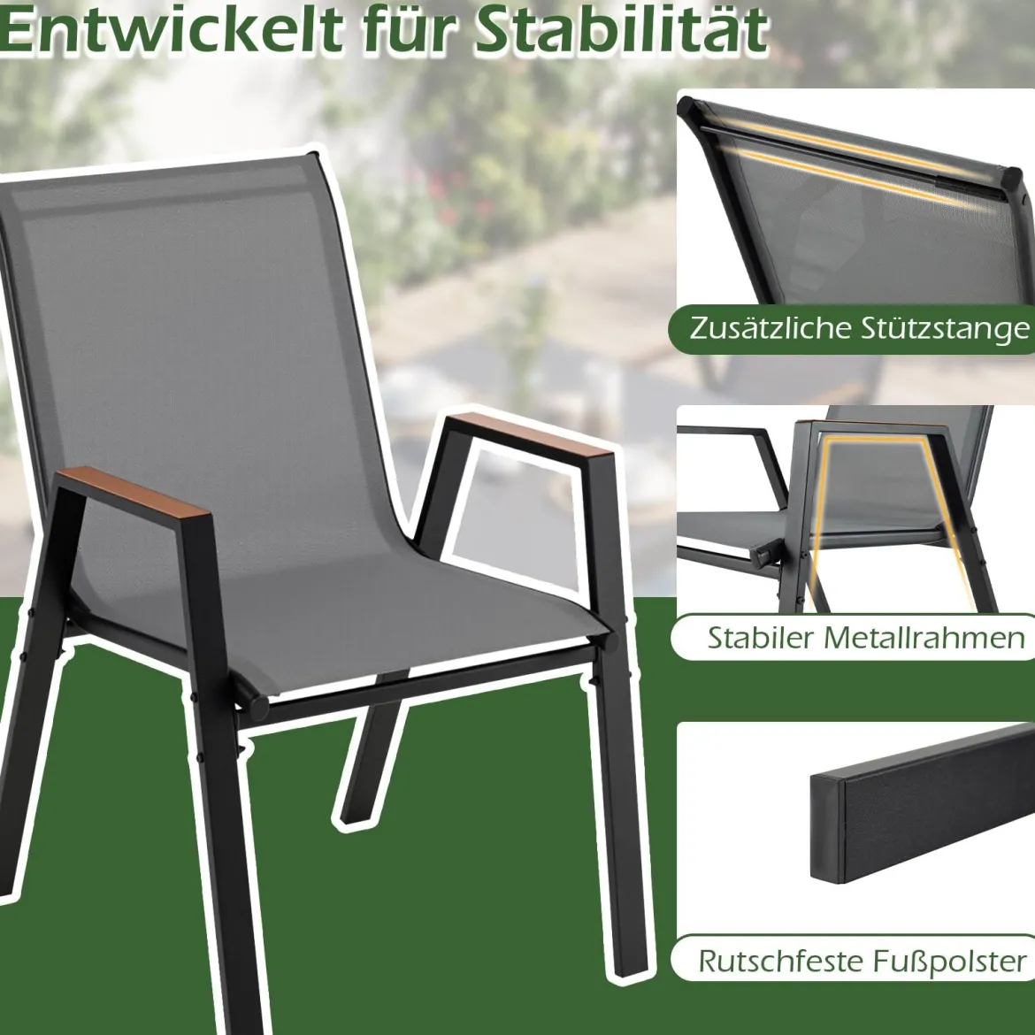 2er Set Gartenstühle Stapelstuhl Hochlehner aus Atmungsaktivem Teslin-Gewebe mit Holz Grau