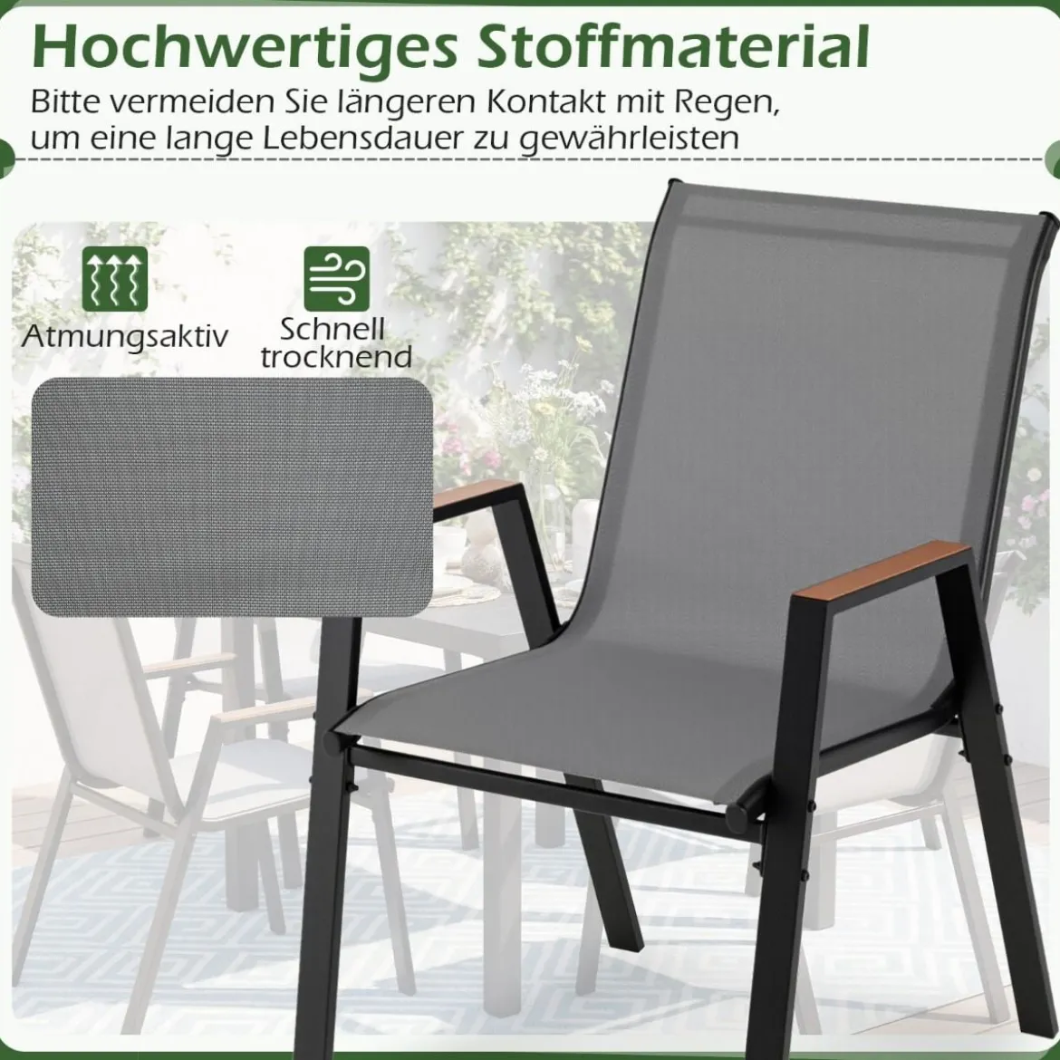4er Set Gartenstühle Stapelstuhl Hochlehner aus Atmungsaktivem Teslin-Gewebe mit Holz Grau