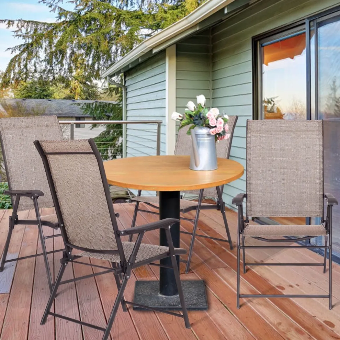 2er Set Gartenstuhl Klappstuhl aus Textilene Terrassenstuhl Hochlehner klappbarer Campingstuhl braun