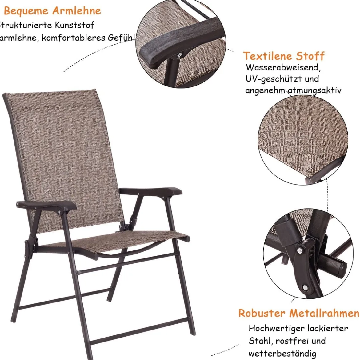 2er Set Gartenstuhl Klappstuhl aus Textilene Terrassenstuhl Hochlehner klappbarer Campingstuhl braun